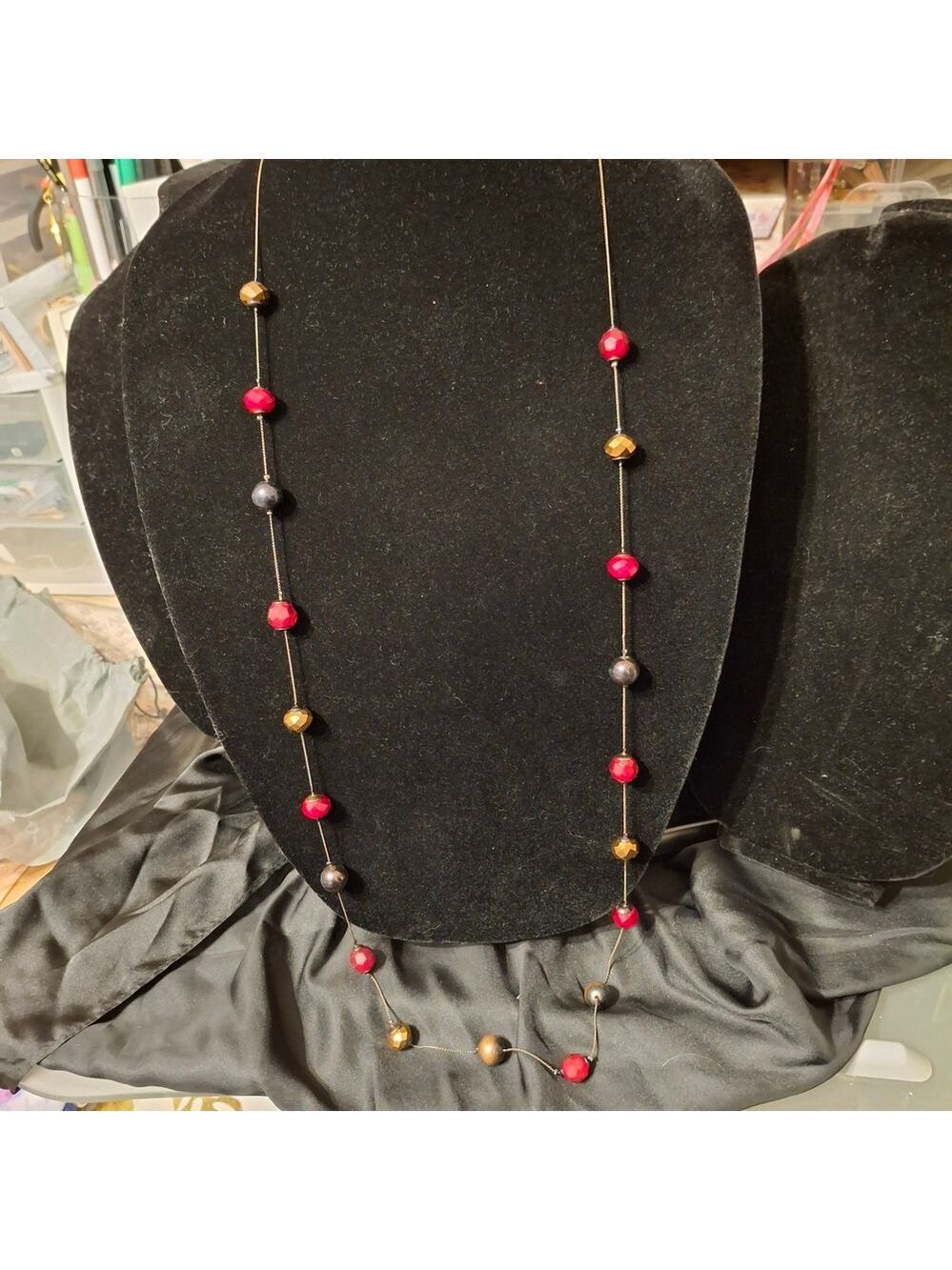 Elegant Red and Gold Beaded Necklace 44"